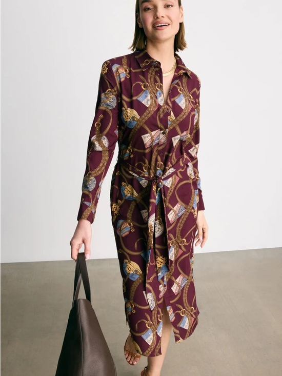 Lauren Ralph Lauren Dresses & Skirts - Long-Sleeve Burgundy Printed Tie-Waist Shirt Dress